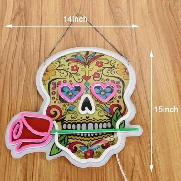 Neon Skull Rose Day of Dead Calavera Hispanic Aztec Retro LED Party Cute Light - Picture 4 of 5